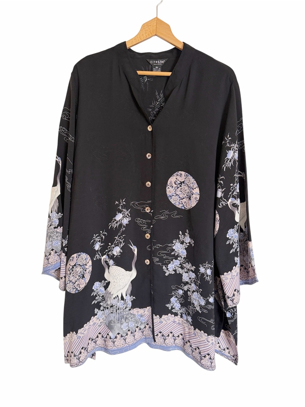 Citron Santa Monica Silk Crane Floral Asian Japanese Motif Tunic Blouse size 3X